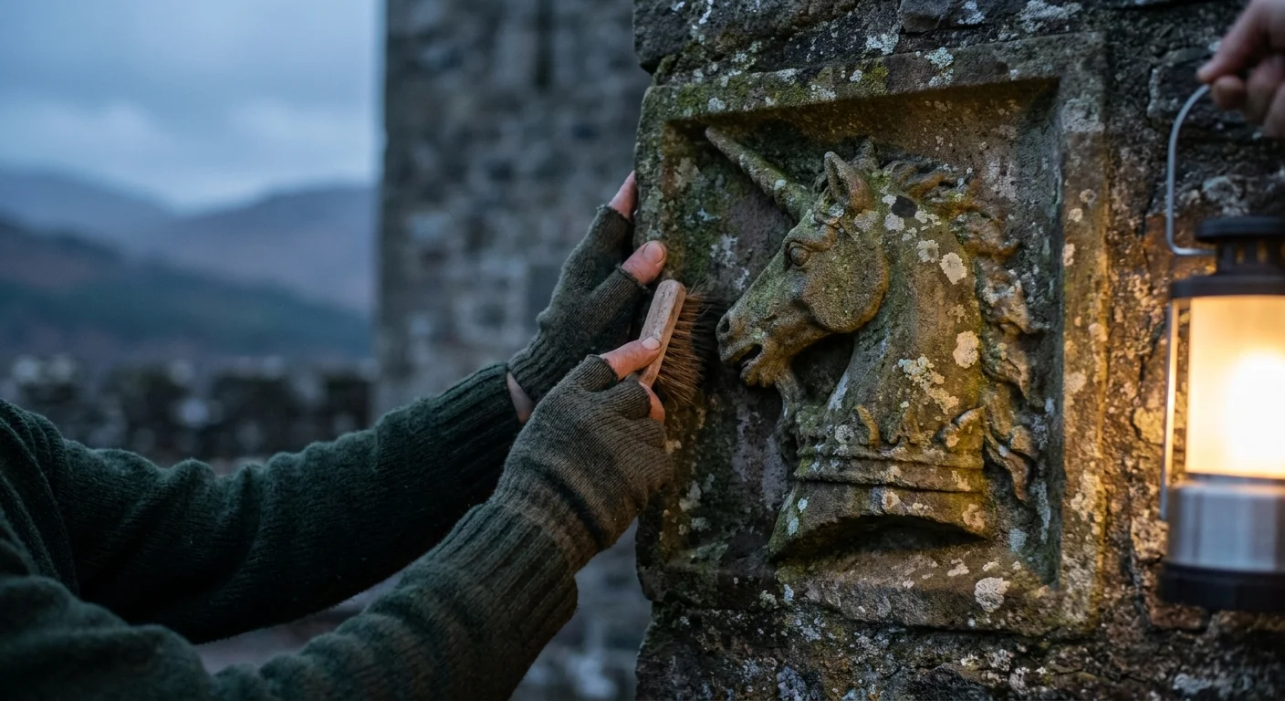 A close-up photograph of hands dusting an ancient stone-carved unicorn on a mossy Scottish wall at dusk.
