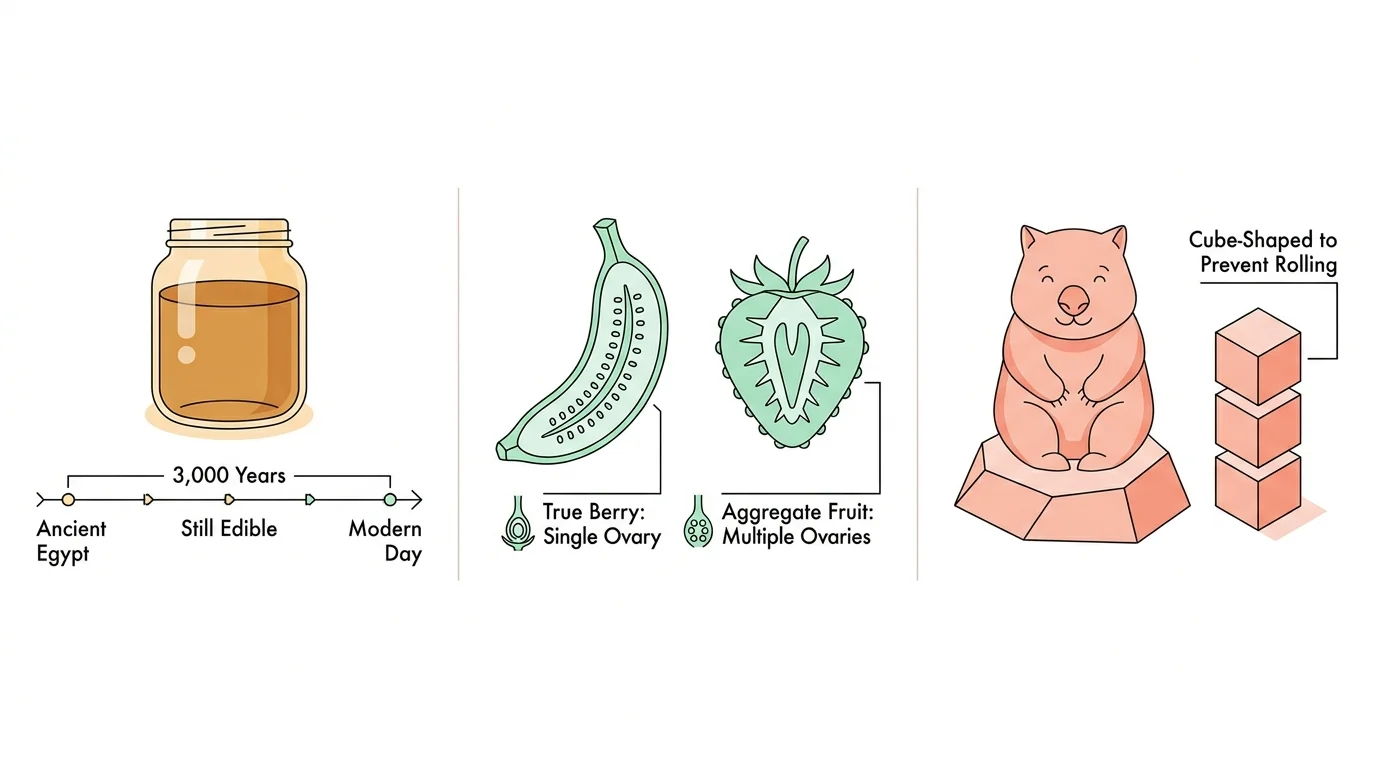 A three-panel infographic showing the longevity of honey, botanical fruit classifications, and cube-shaped wombat droppings.