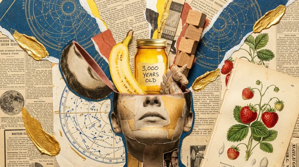 A vibrant mixed-media collage showing a person's head opening to reveal a unicorn, a honey jar, and botanical fruit illustrations.