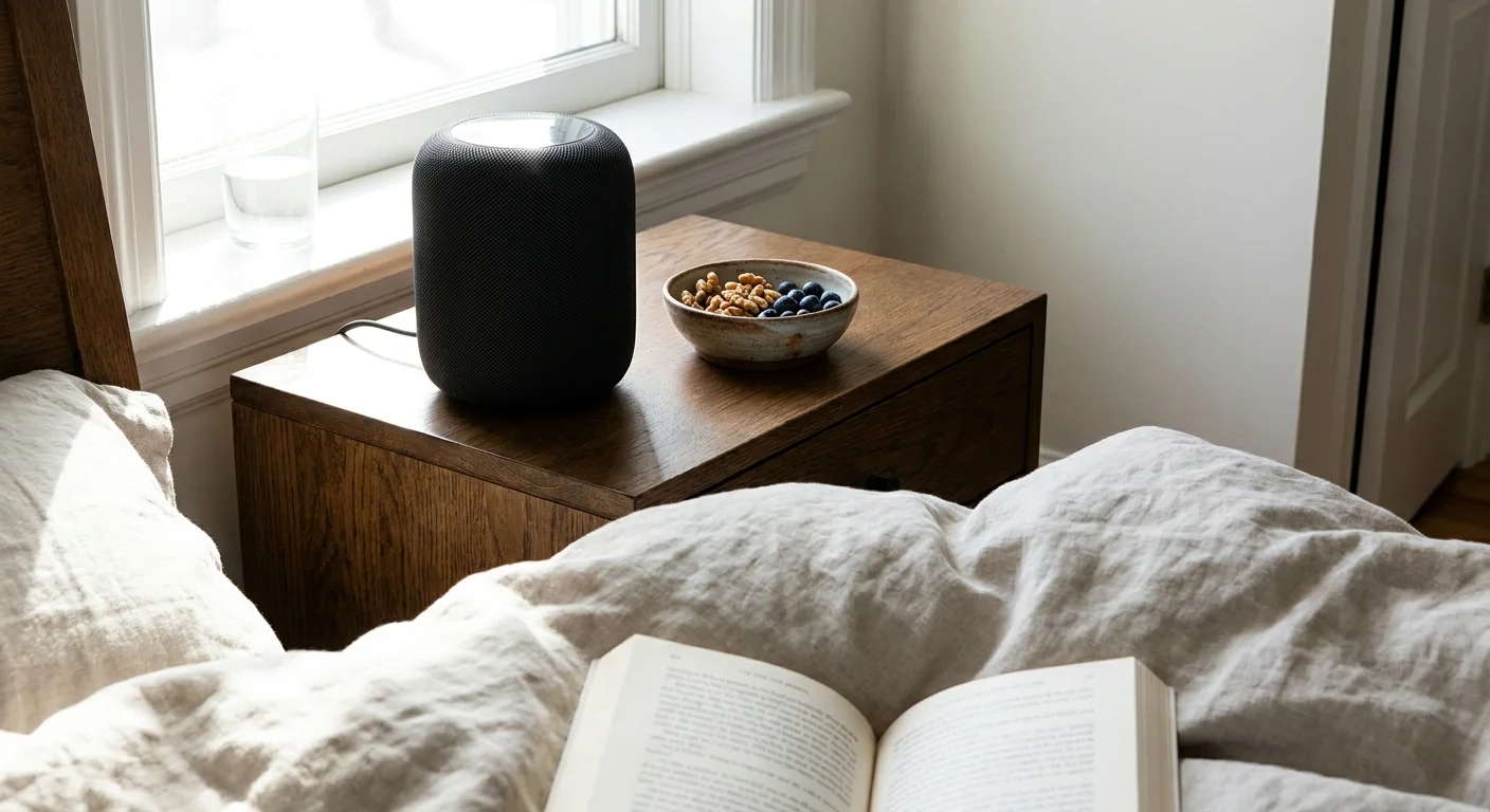 A bedside table with a smart speaker and a bowl of berries, representing the role of sound and nutrition in sleep health.