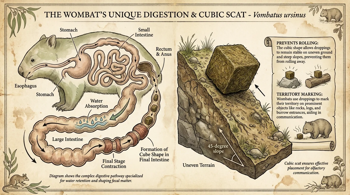 A biological diagram explaining why wombat droppings are cube-shaped and how they stay on slopes.