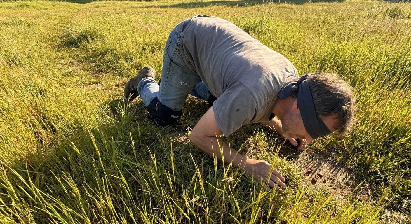A blindfolded person wearing knee pads crawls through a grassy field, tracking a scent trail on the ground.