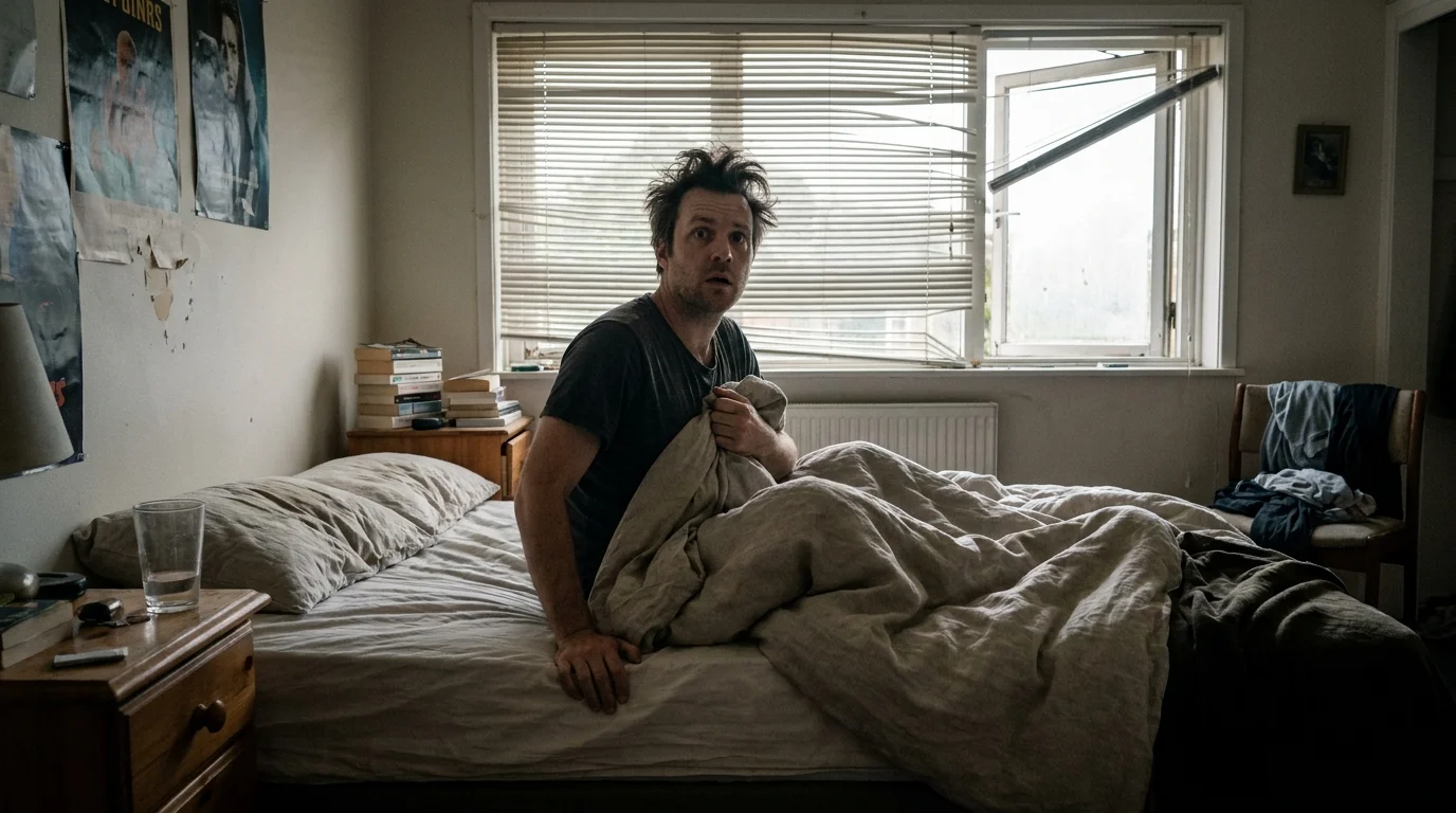 A candid photo of a man waking up suddenly in a messy, sunlit bedroom, looking surprised by a hypnic jerk.