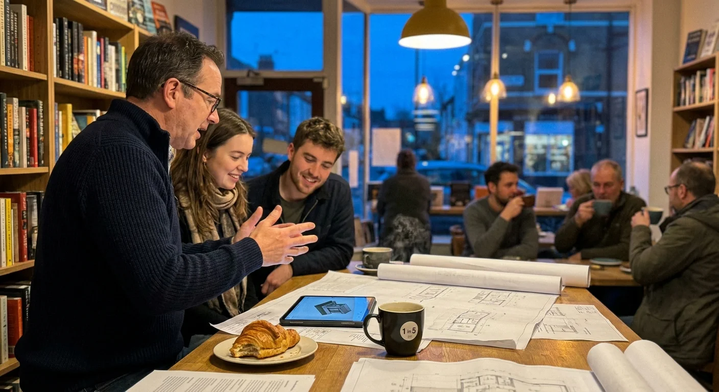 A candid photo of an older professional collaborating with younger colleagues in a cozy cafe, surrounded by blueprints and coffee.