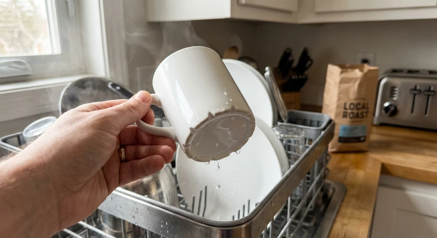 A close-up photo of a hand holding a mug from a dishwasher, showing water draining through the grooves on the bottom rim.