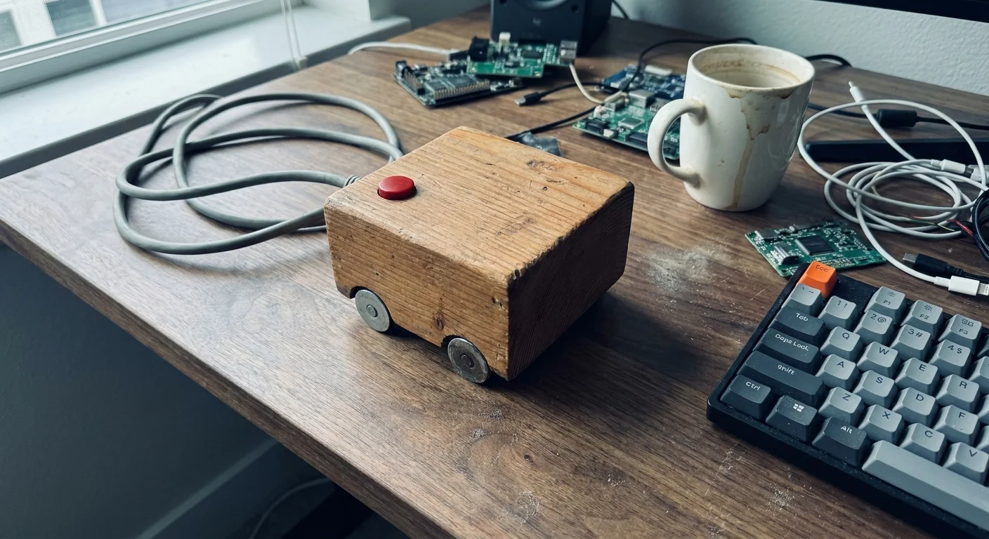 A close-up photograph of the original 1968 wooden computer mouse replica on a modern cluttered desk.