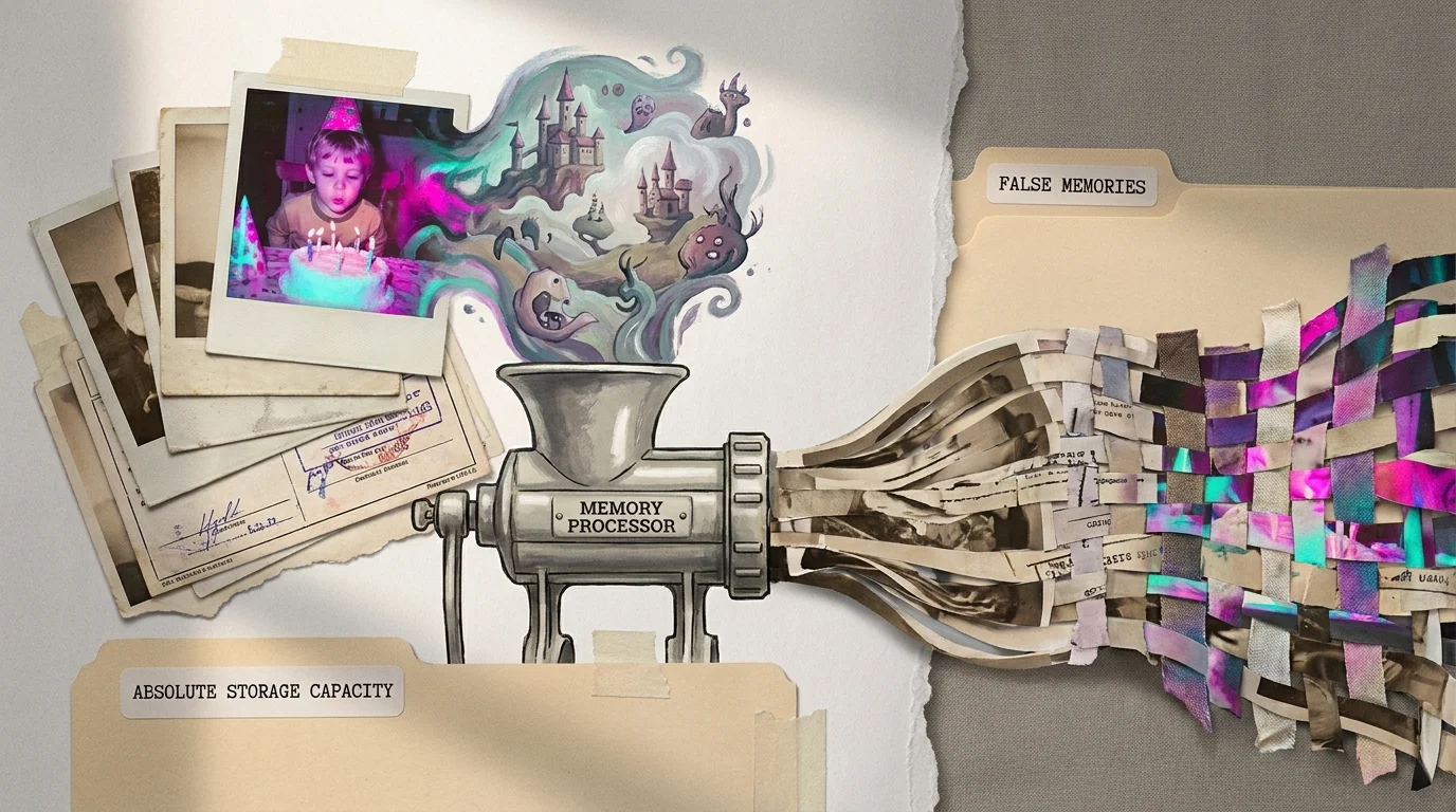 A collage showing photos and documents merging into a surreal tapestry to represent the brain's storage of false memories.