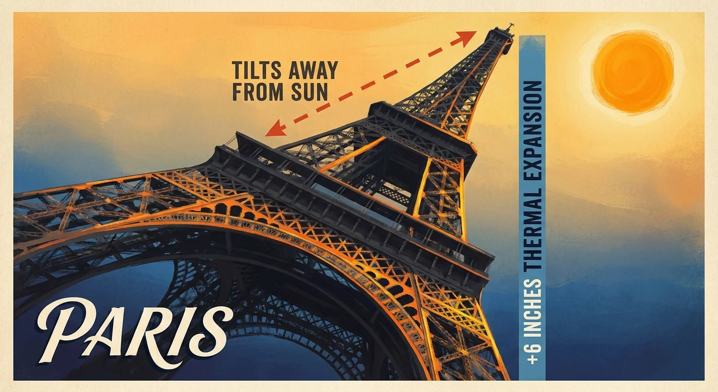 A colorful illustration showing the Eiffel Tower expanding and tilting in the summer heat.