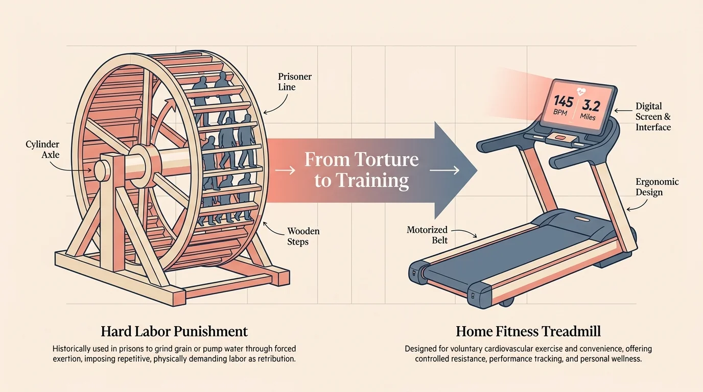 A comparative diagram showing a 19th-century prison treadwheel next to a modern electric treadmill with performance stats.