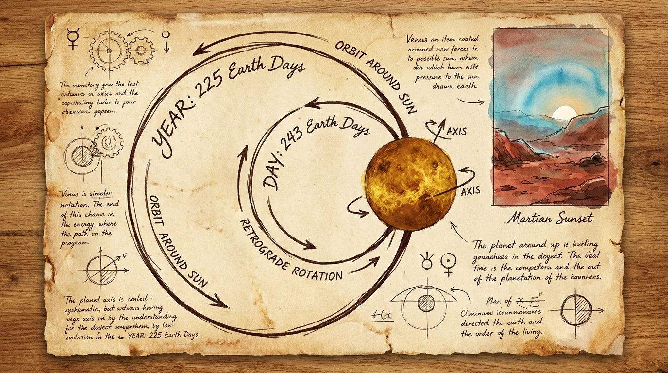 A conceptual drawing of Venus showing its 243-day rotation and 225-day orbit, alongside a blue Martian sunset.