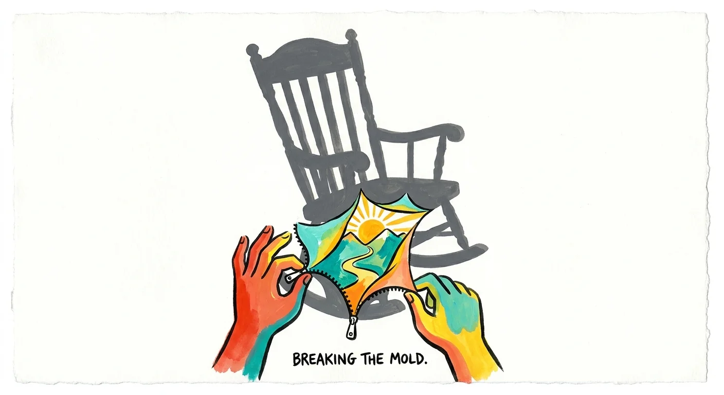 A conceptual illustration where a grey silhouette of a rocking chair is being peeled away to reveal a vibrant mountain landscape.
