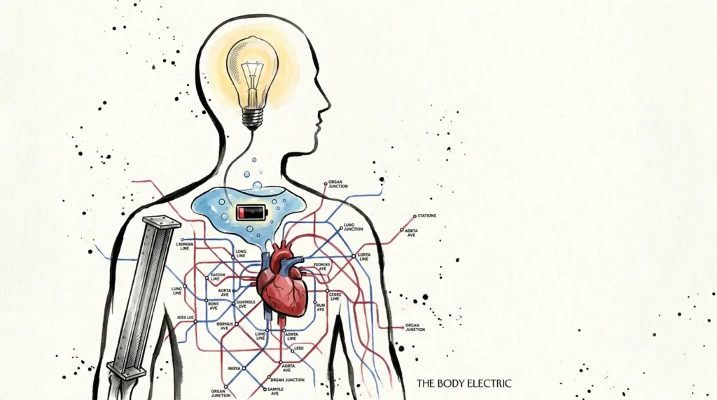 A conceptual ink and watercolor illustration showing a human silhouette with a lightbulb brain, battery stomach, and steel girder bones.
