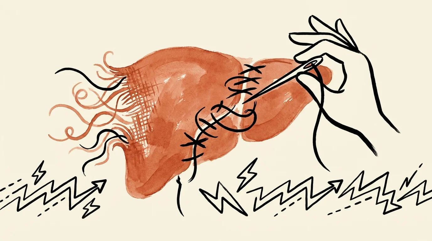 A conceptual watercolor and ink illustration of a liver being woven back together like a tapestry, symbolizing regeneration.