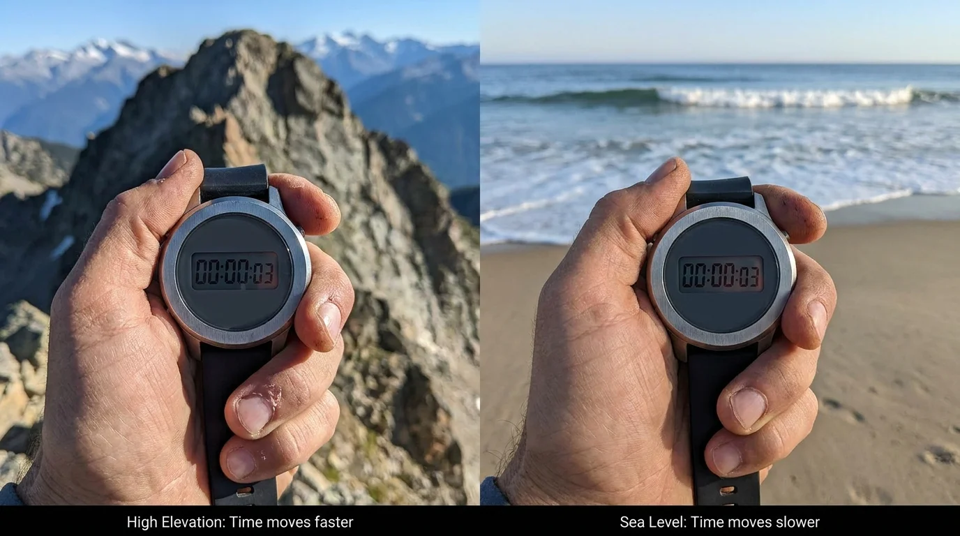 A diptych photo showing a watch at a mountain summit and at a beach, illustrating how gravity affects the speed of time.