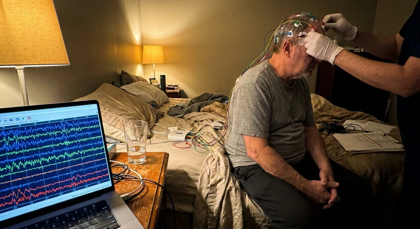 A documentary-style photo of a person in a sleep lab having EEG electrodes attached to their head, illuminated by a laptop screen.