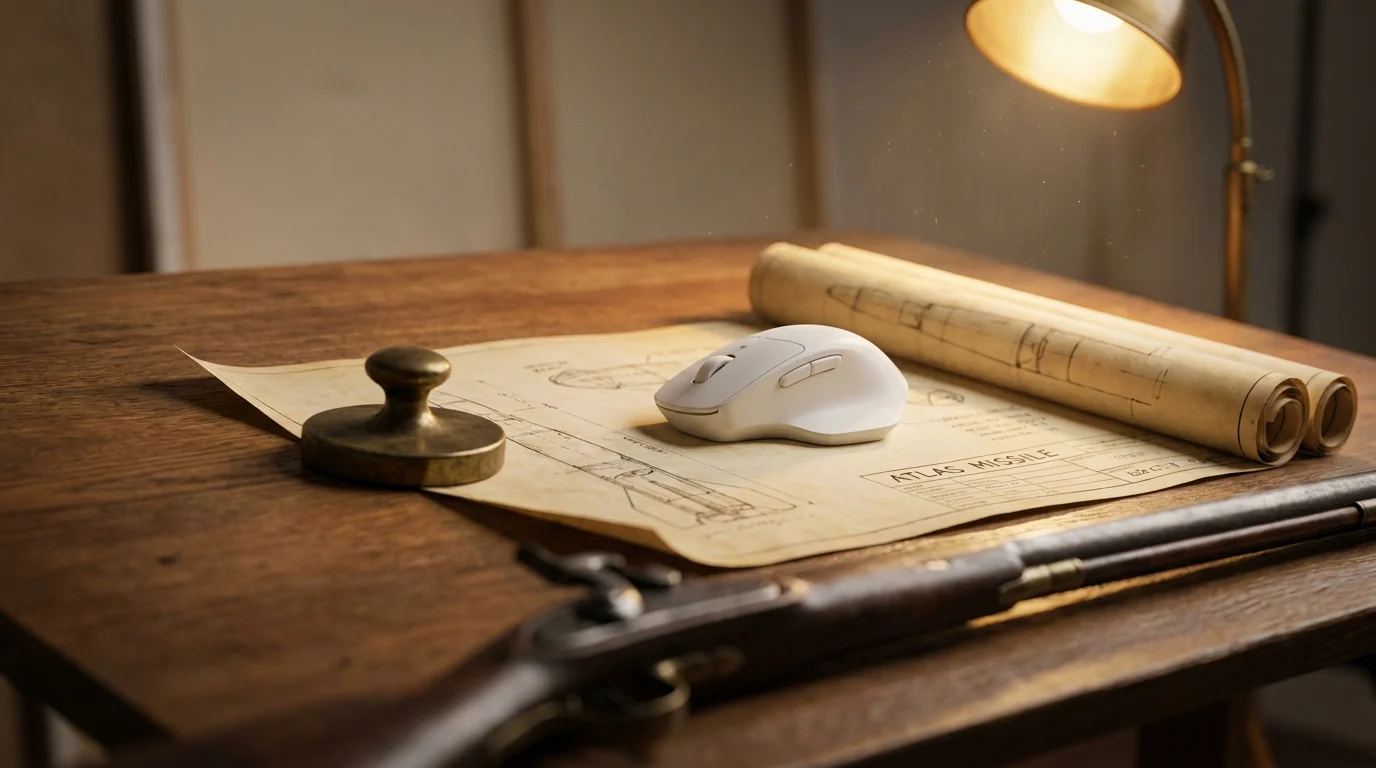 A DSLR photograph of an oak desk covered in missile blueprints and modern design prototypes under warm lamp light.