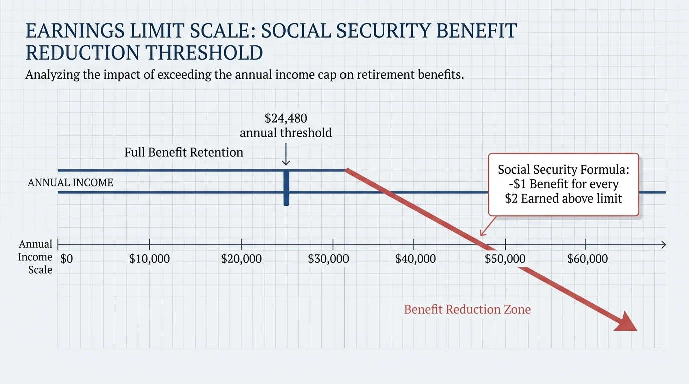 A financial diagram illustrating the Social Security earnings limit of $24,480 and the benefit reduction formula.