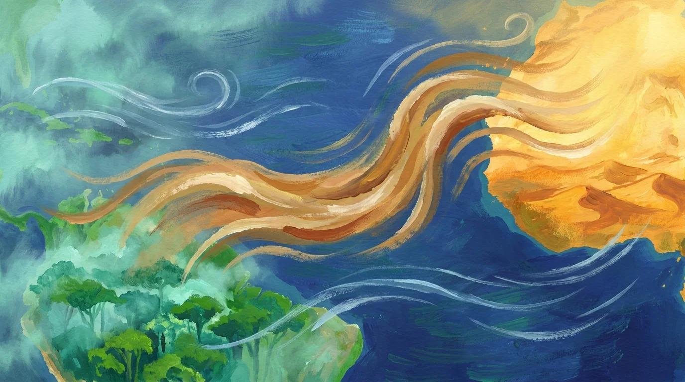 A gouache painting showing orange dust from the Sahara Desert traveling across the Atlantic to the green Amazon rainforest.