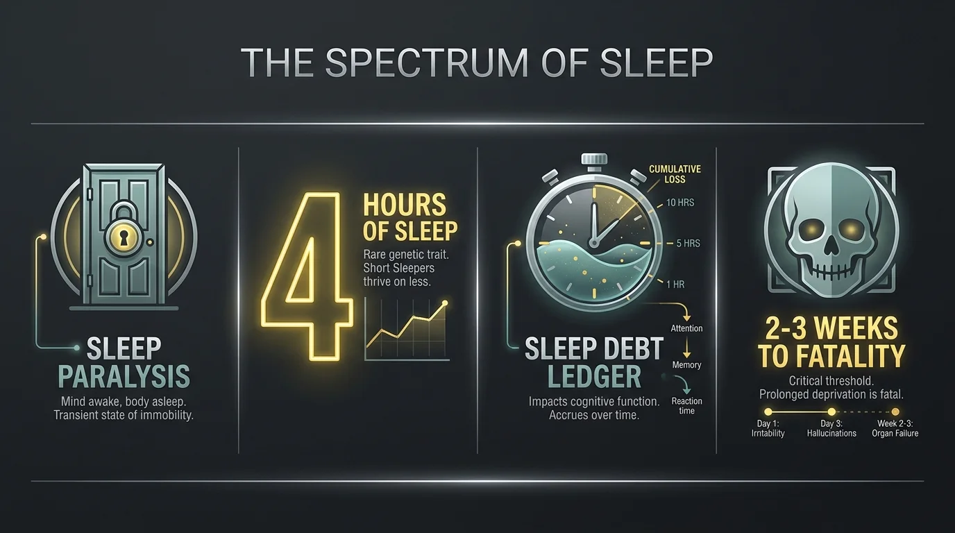 A horizontal infographic with icons and text labels including '4 Hours of Sleep', 'Sleep Paralysis', and 'Sleep Debt Ledger'.