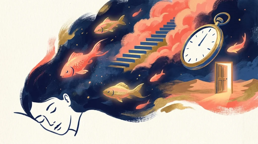 A minimalist illustration of a sleeping person with a colorful, surreal dream of floating fish and stairs emerging from their mind.