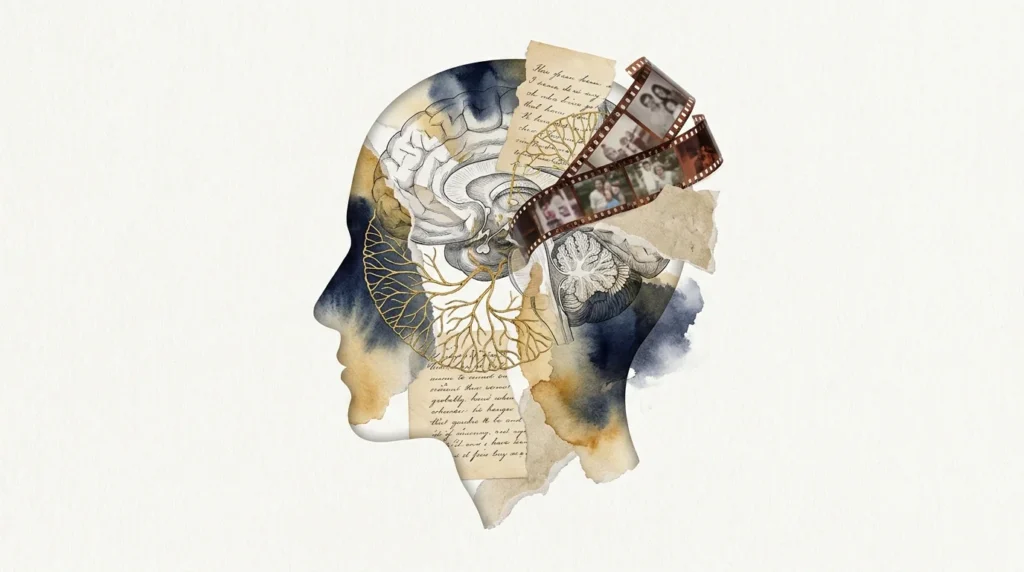 A mixed-media collage inside a human silhouette showing film strips, neural networks, and handwritten notes.