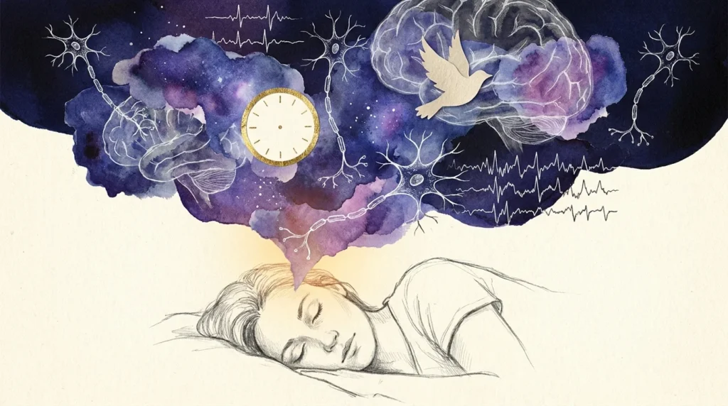 A mixed-media collage showing a sleeping person with an explosion of cosmic watercolors, brain diagrams, and clockwork above their head.