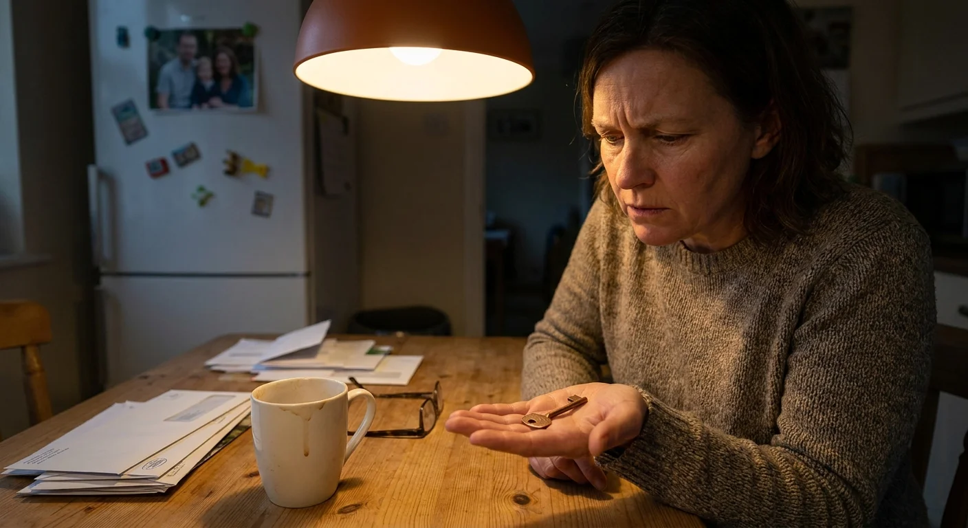 A person sitting at a kitchen table at night, looking at an old key, captured in a candid documentary photography style.