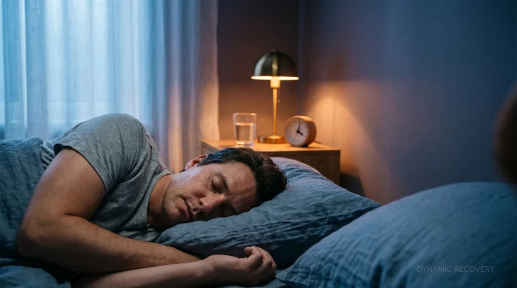 A person sleeping soundly on their side in a dimly lit room with blue twilight and warm lamp light.