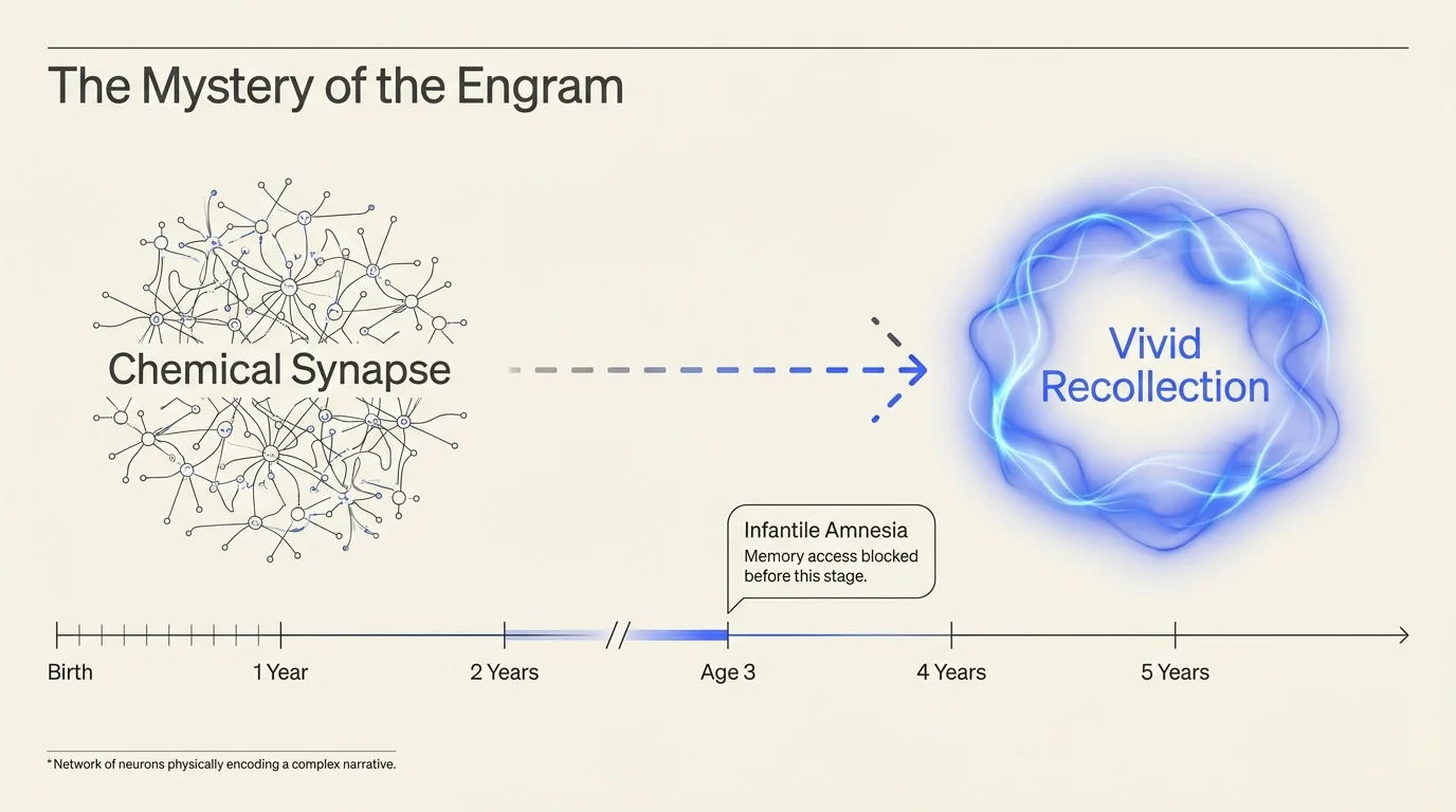 A scientific diagram showing the gap between chemical synapses and vivid recollections, highlighting 'Age 3' for infantile amnesia.