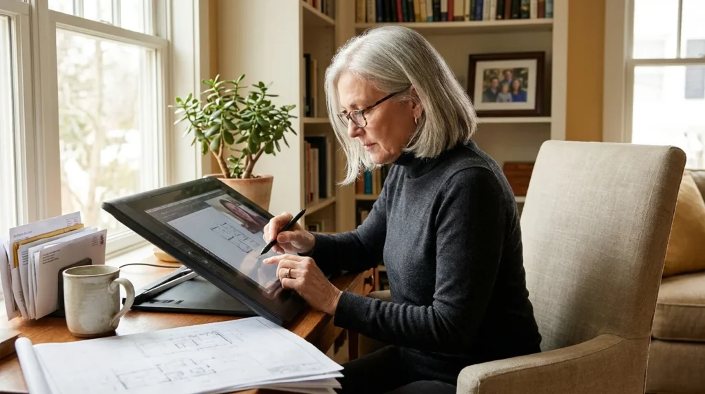 A senior woman works as a consultant from her bright home office, focusing on a digital tablet during a video call.