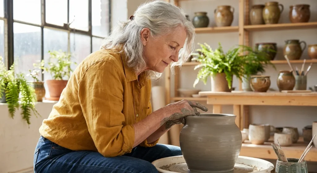 A stylish woman in her 70s works at a pottery wheel in her sunlit home studio, surrounded by finished ceramics and plants.