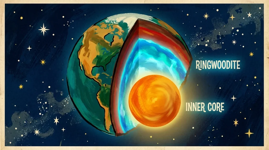A stylized gouache cross-section of Earth showing a glowing blue ringwoodite layer and a rotating inner core in space.