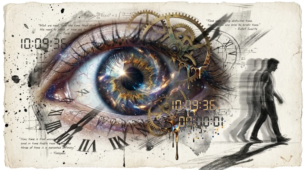 A surreal collage featuring a galaxy-iris eye, clock gears, and a blurred human silhouette representing the illusion of time.