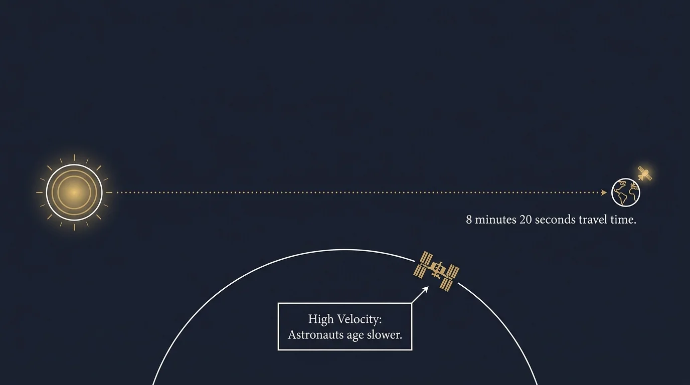 A technical diagram showing the 8-minute delay of sunlight and the time dilation effects for astronauts on the ISS.