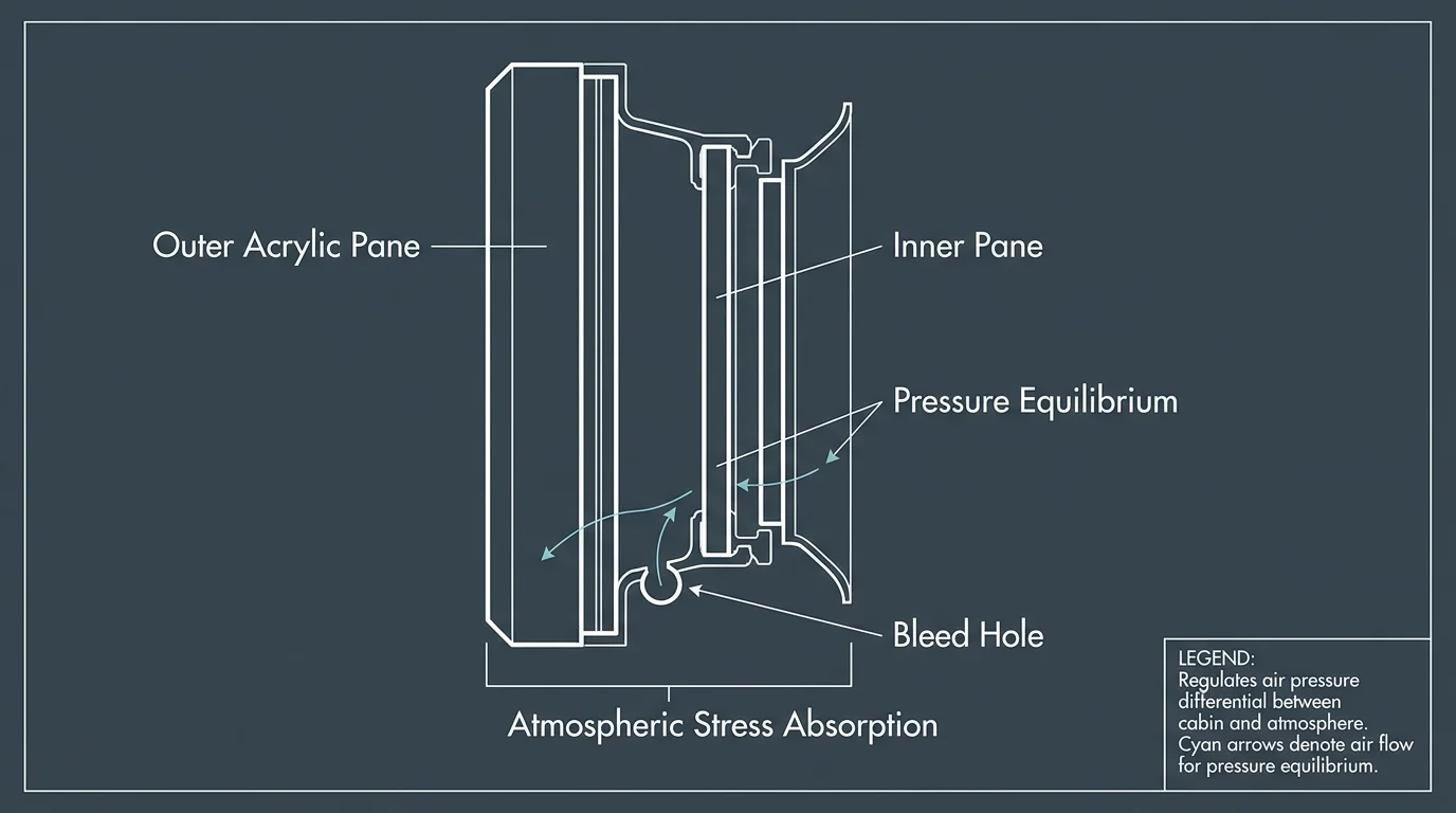 A technical diagram showing the cross-section of an airplane window and the function of the tiny bleed hole for pressure regulation.