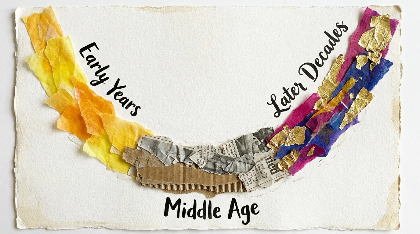 A textured collage showing a U-shaped curve where happiness levels dip in middle age and rise significantly in later life.
