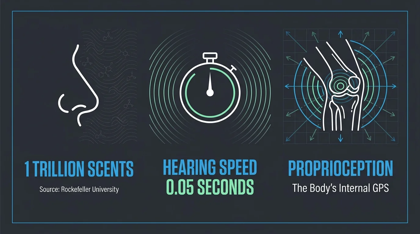 A three-part infographic showing stats for 1 trillion scents, 0.05 seconds hearing speed, and proprioception as an internal GPS.