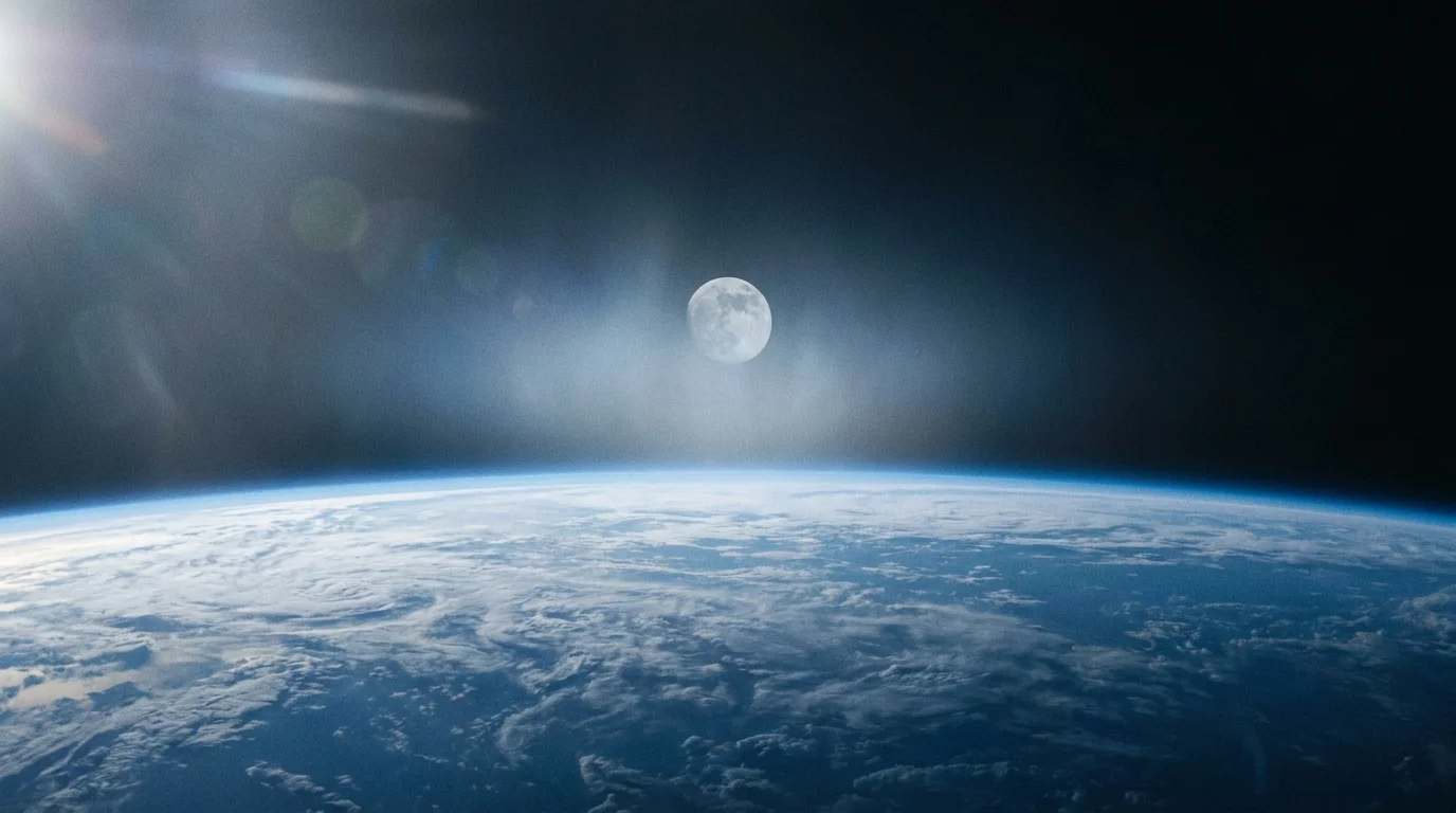 A wide orbital photograph of Earth showing a faint, glowing geocorona halo stretching out to encompass the Moon.