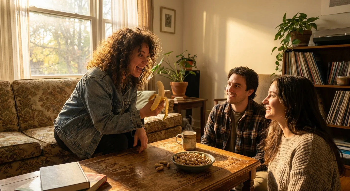 A woman excitedly sharing a fact with friends over snacks in a sunny living room.