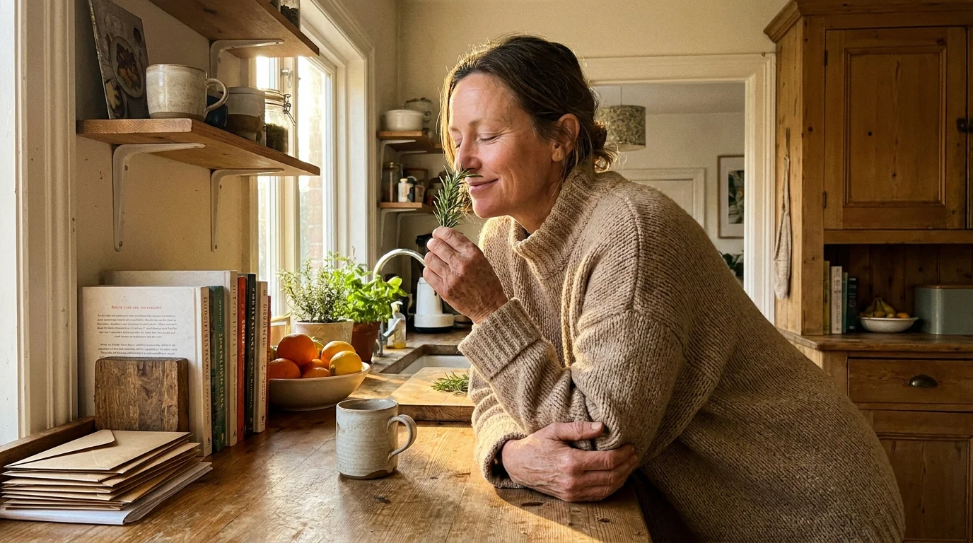 A woman in a sunlit kitchen smelling fresh rosemary with her eyes closed, captured in a candid documentary style.