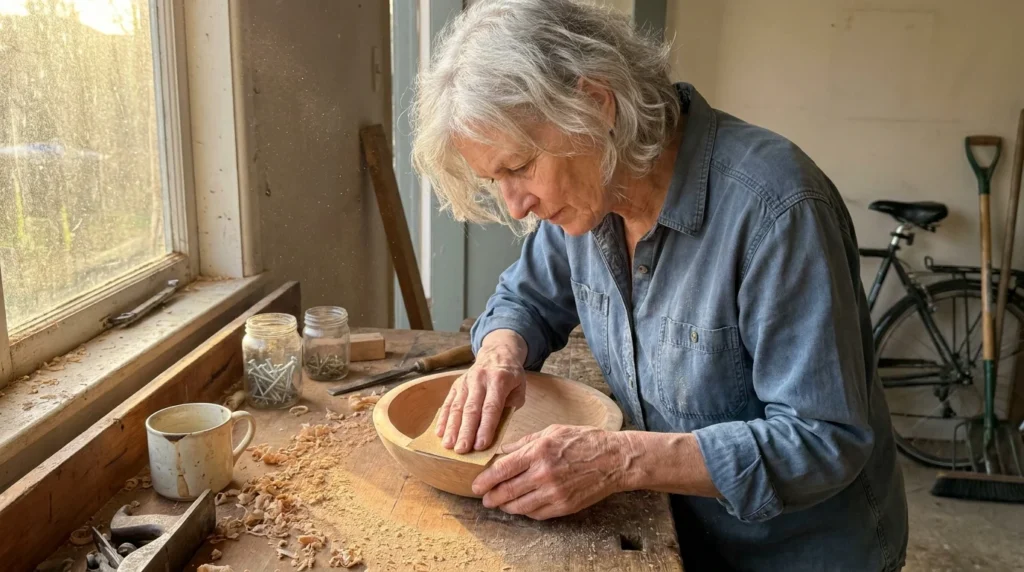 A woman in her 70s with silver hair works on a wood carving in her sunlit garage workshop, surrounded by tools and sawdust.
