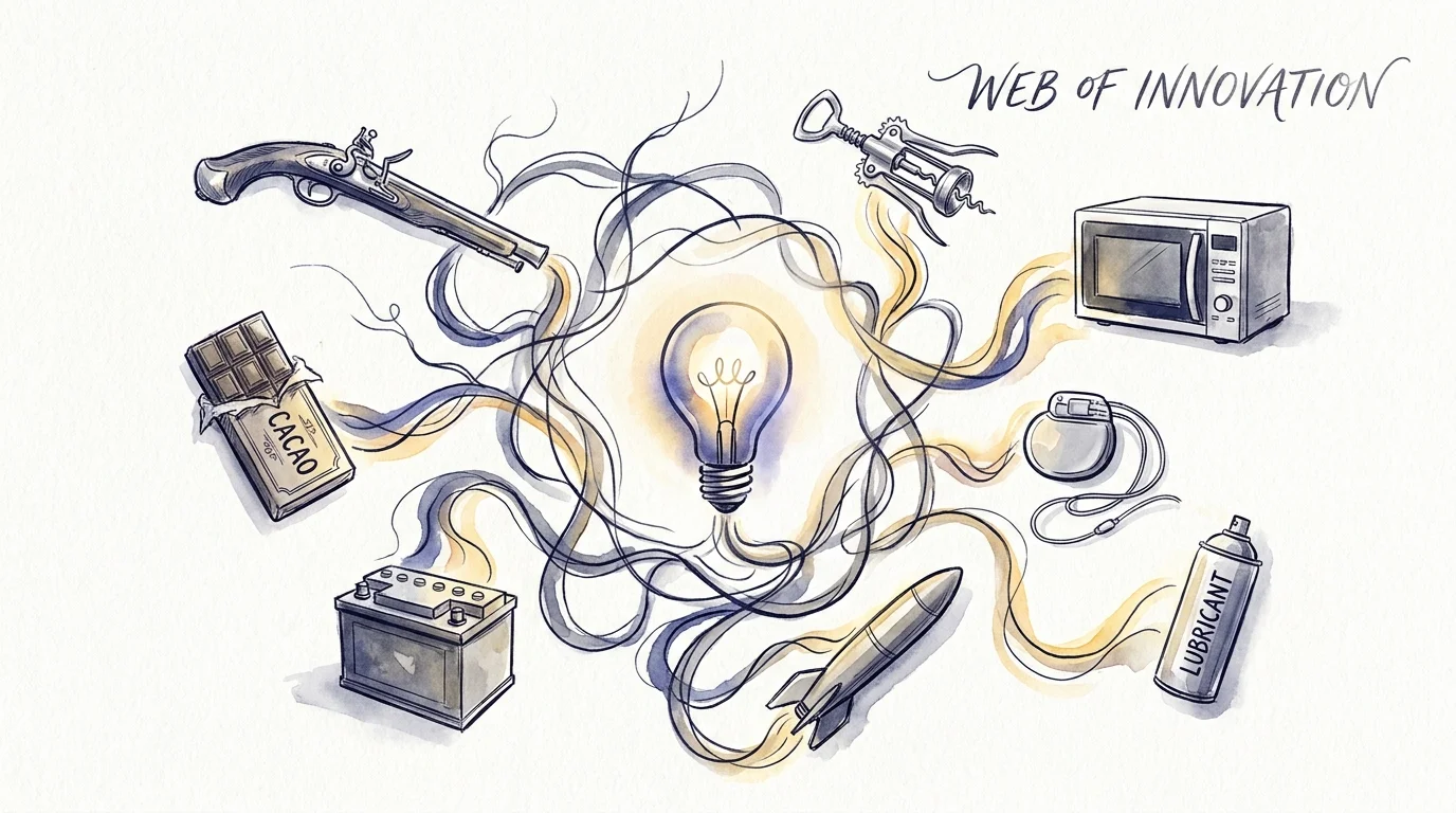 Abstract ink and watercolor illustration connecting a missile, a chocolate bar, and a musket through a web of innovation.