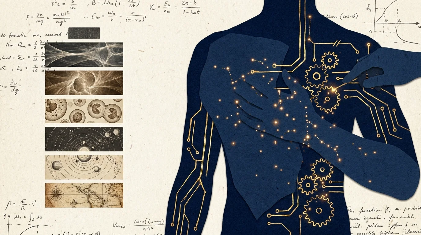An abstract collage showing a human silhouette filled with golden gears and a battery meter filled with cellular patterns.