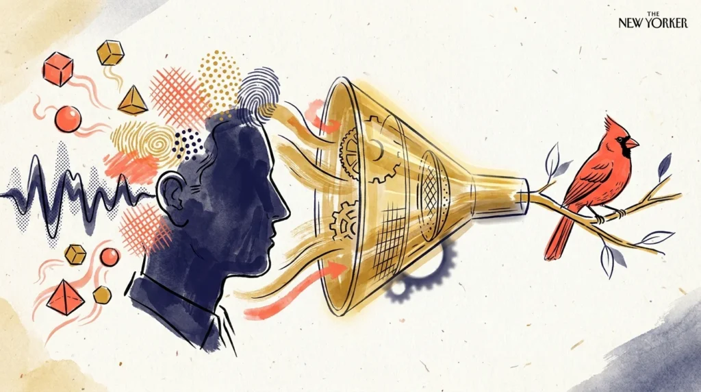 An editorial illustration showing a human silhouette filtering chaotic sensory signals through a golden funnel into a clear perception.