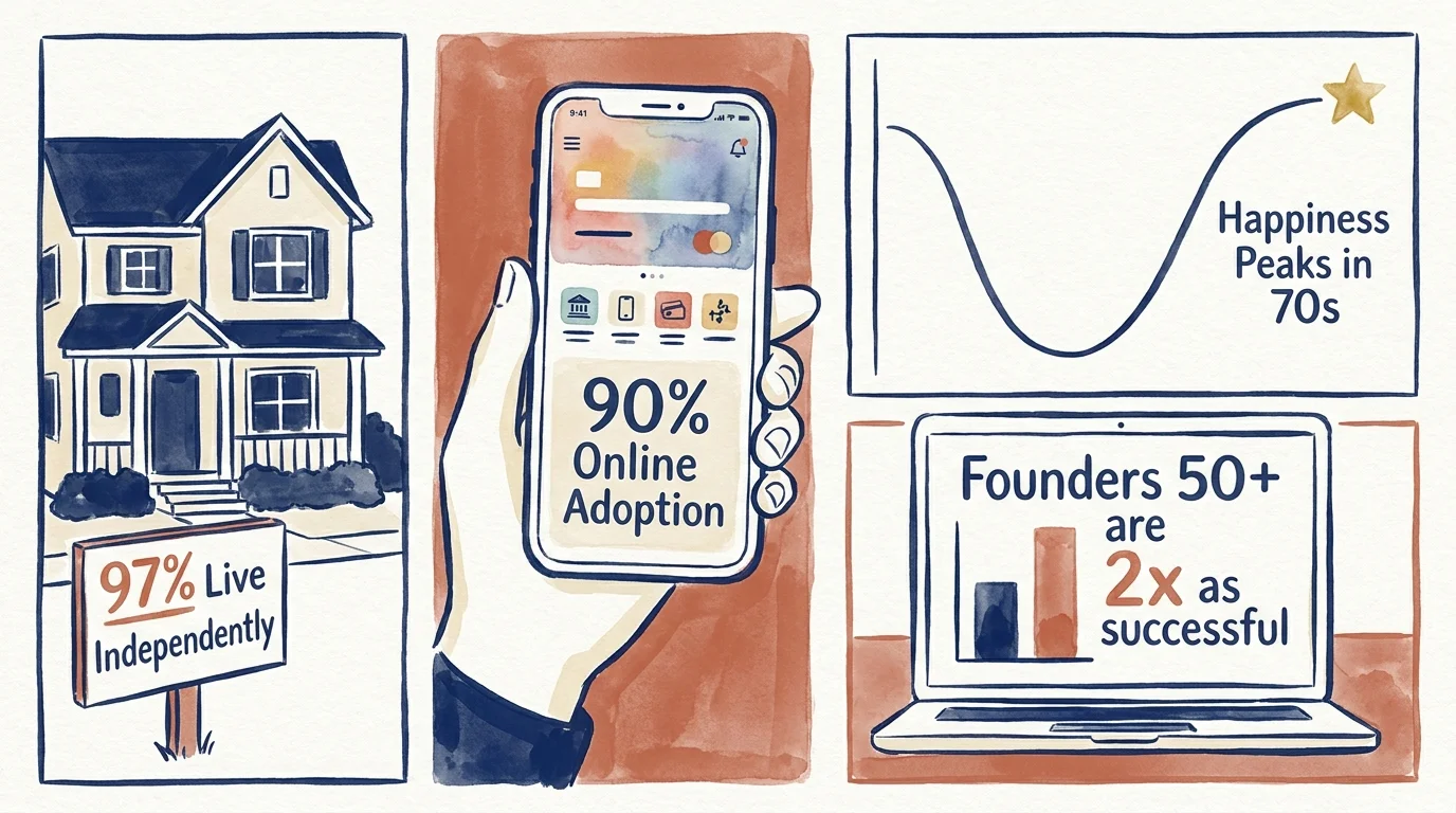 An illustrated infographic showing statistics: 97% live independently, 90% use the internet, and happiness peaks in the 70s.