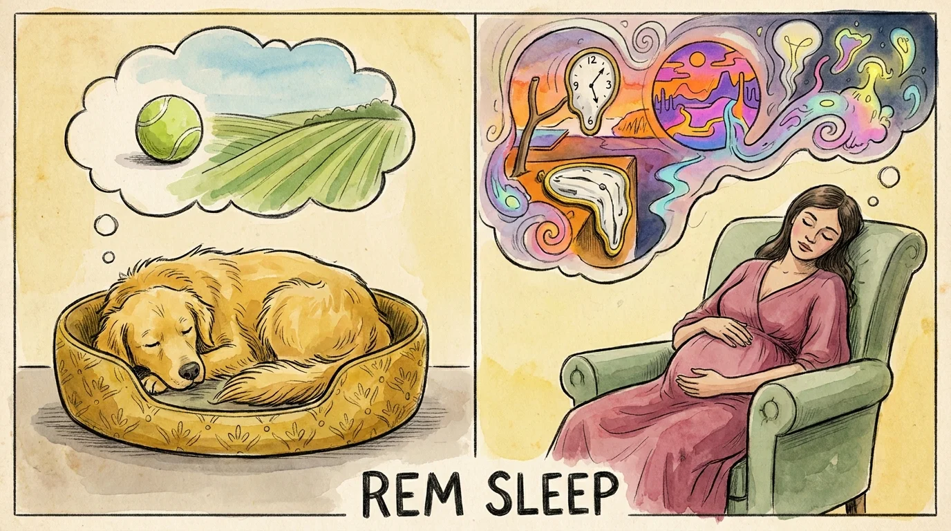 An illustration comparing the simple dreams of a sleeping dog with the complex, vivid dreams of a pregnant woman.