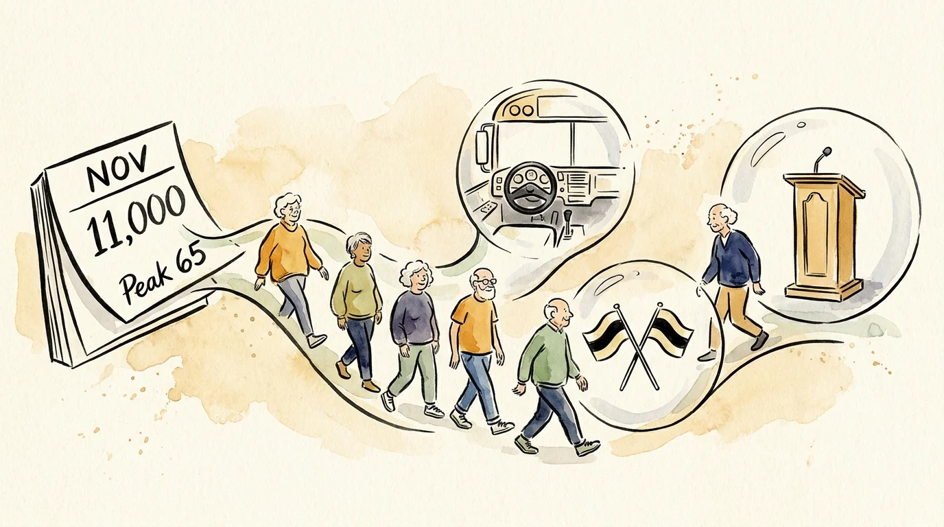 An illustration depicting the 'Peak 65' phenomenon with 11,000 people daily entering roles like bus driving and the clergy.