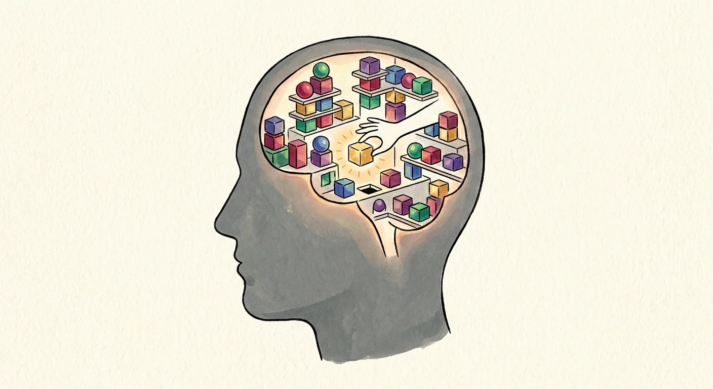 An illustration of a human head with a brain made of colorful library-like cubes.