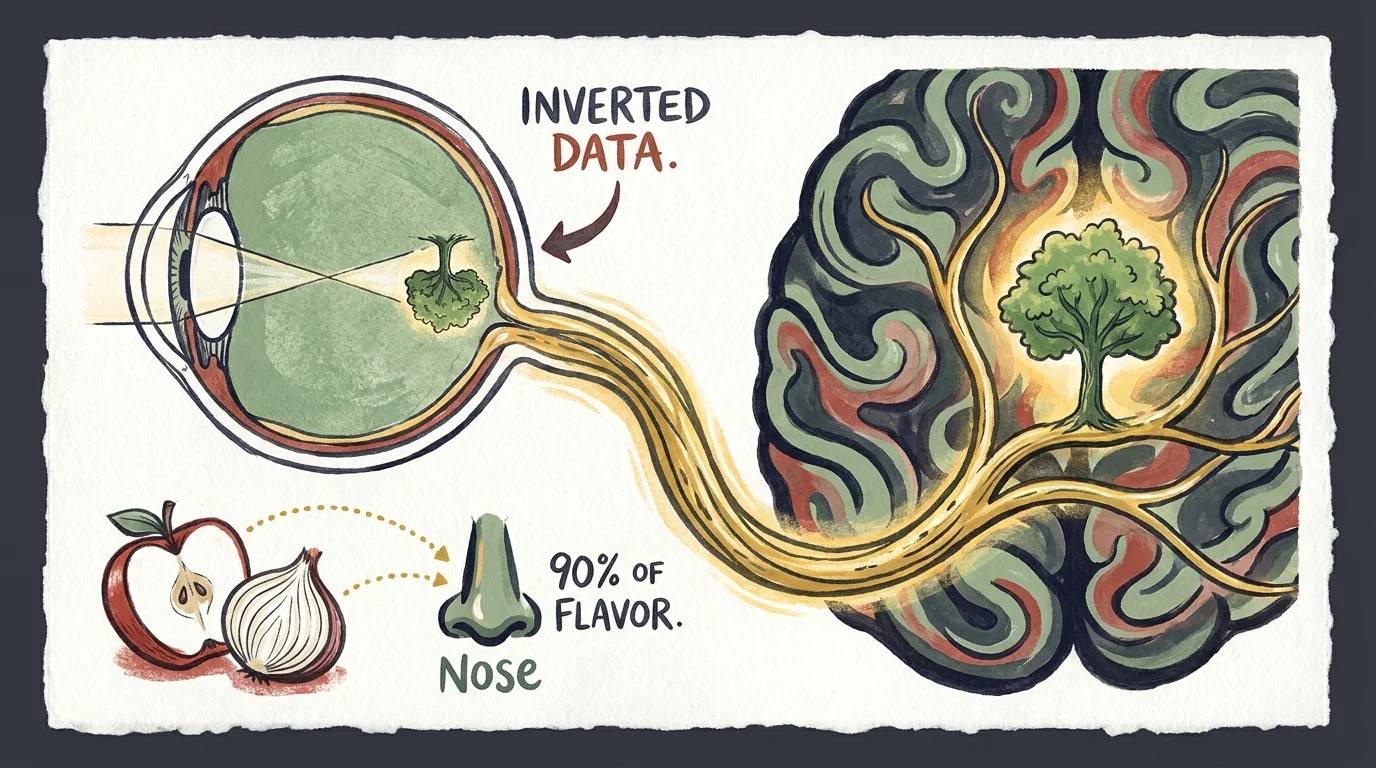 An illustration showing how the eye sees the world upside down and how smell creates the complex flavors of apples and onions.