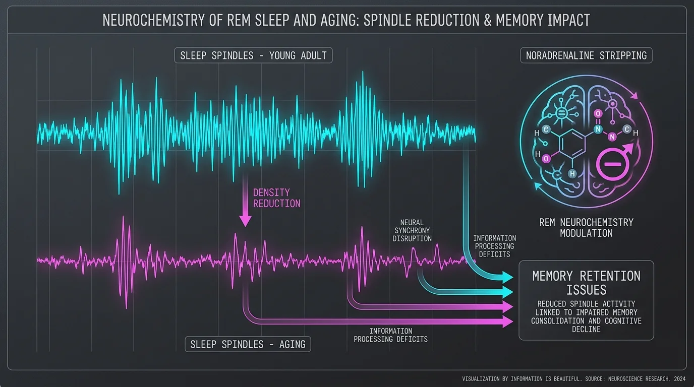 An infographic comparing sleep spindles in young and old brains, and illustrating the removal of stress chemicals during REM sleep.